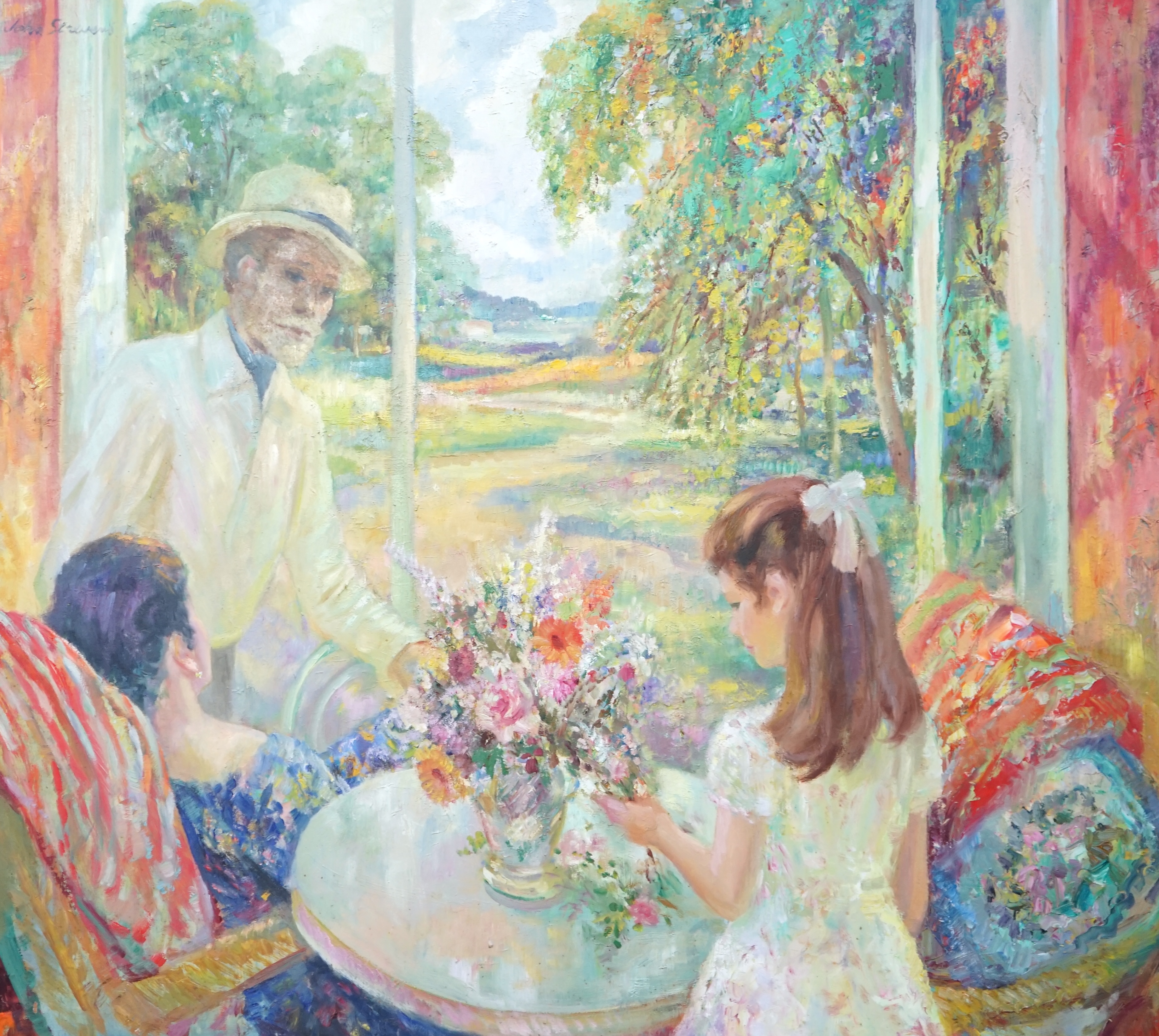 John Frederick Lloyd Strevens (British, 1902-1990), Portrait of the artist with his family overlooking a garden, oil on board, 100 x 111cm